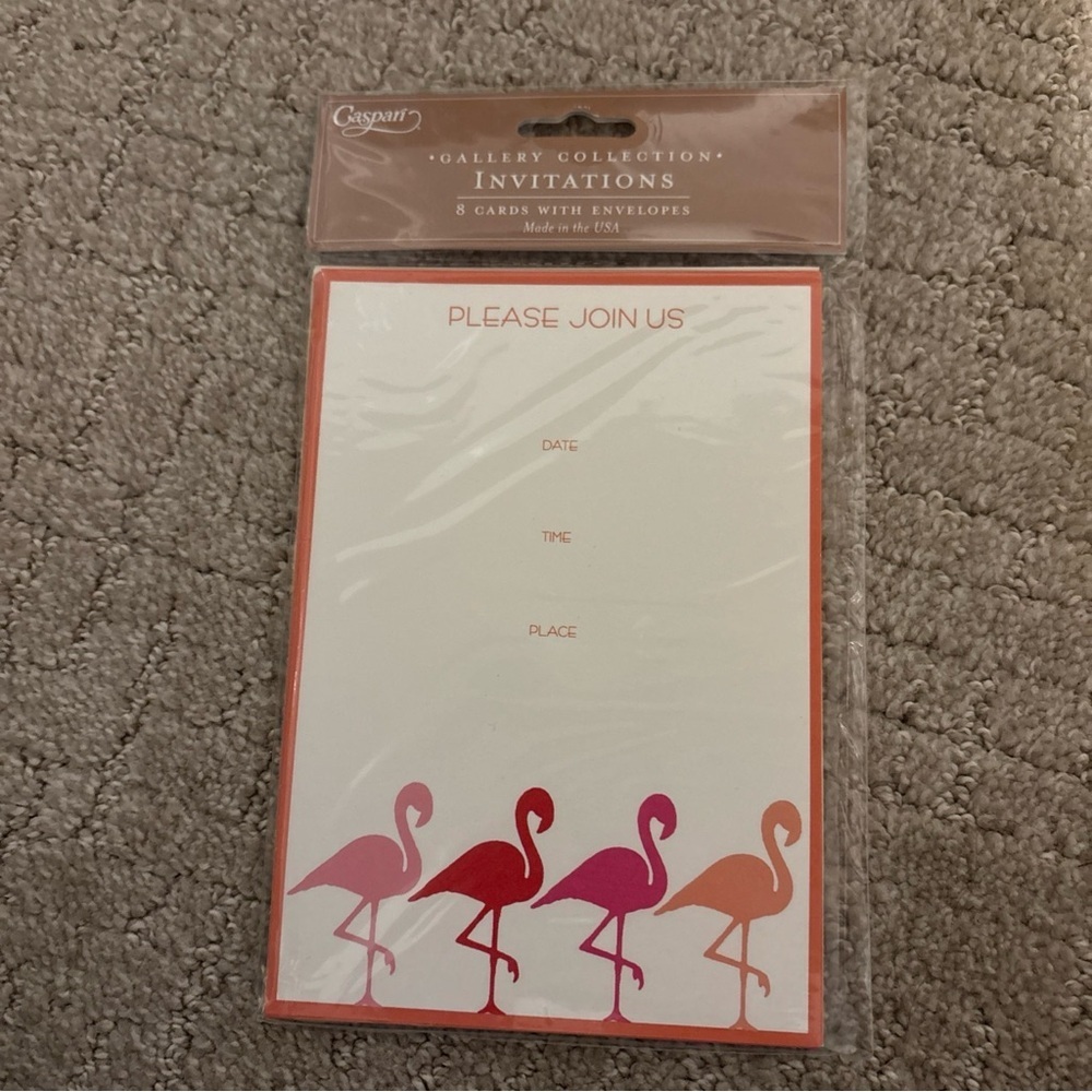 Caspari Gallery Collection Invitations 8 Cards With Envelopes Flamingo Strut